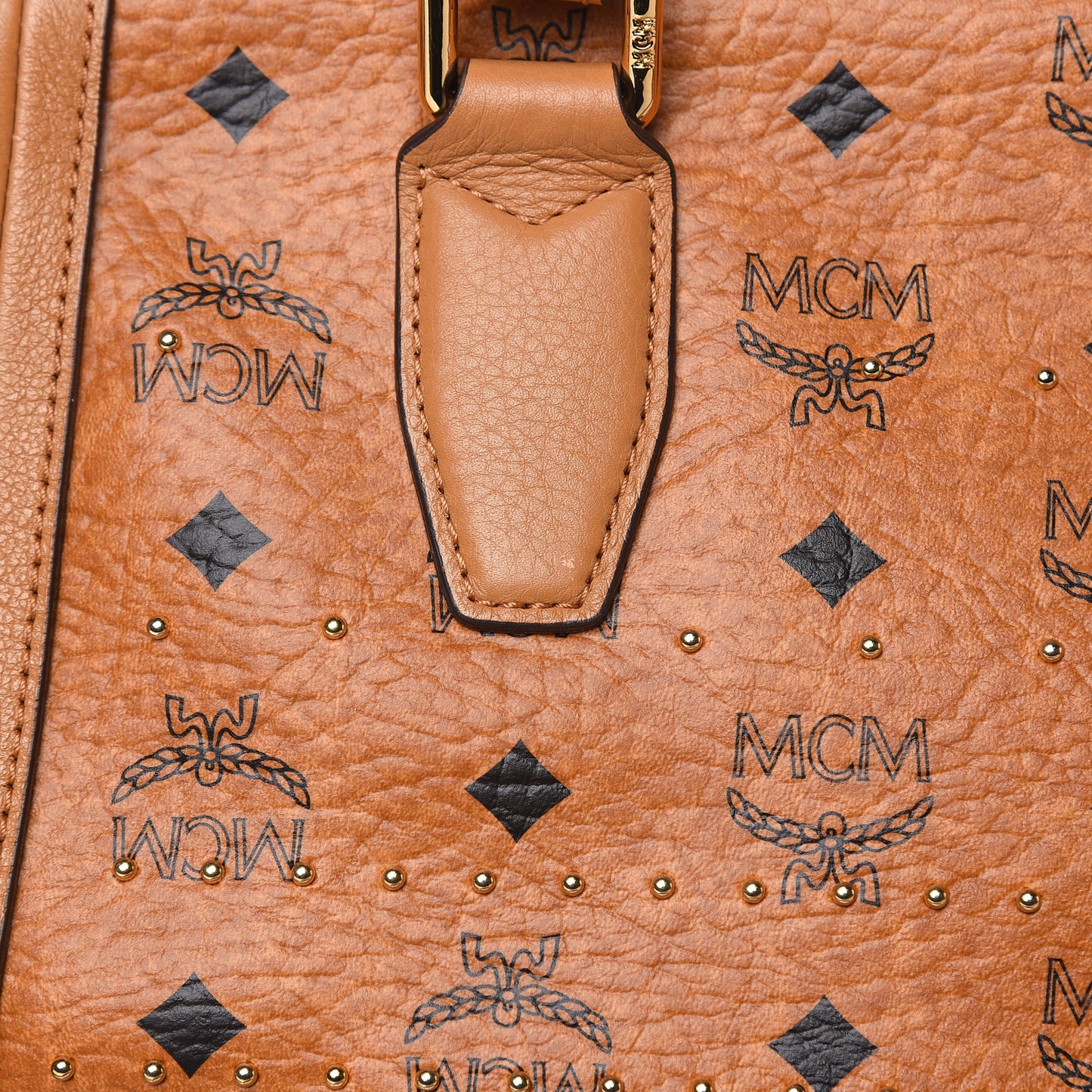 Visetos Studded Medium Boston Satchel Cognac