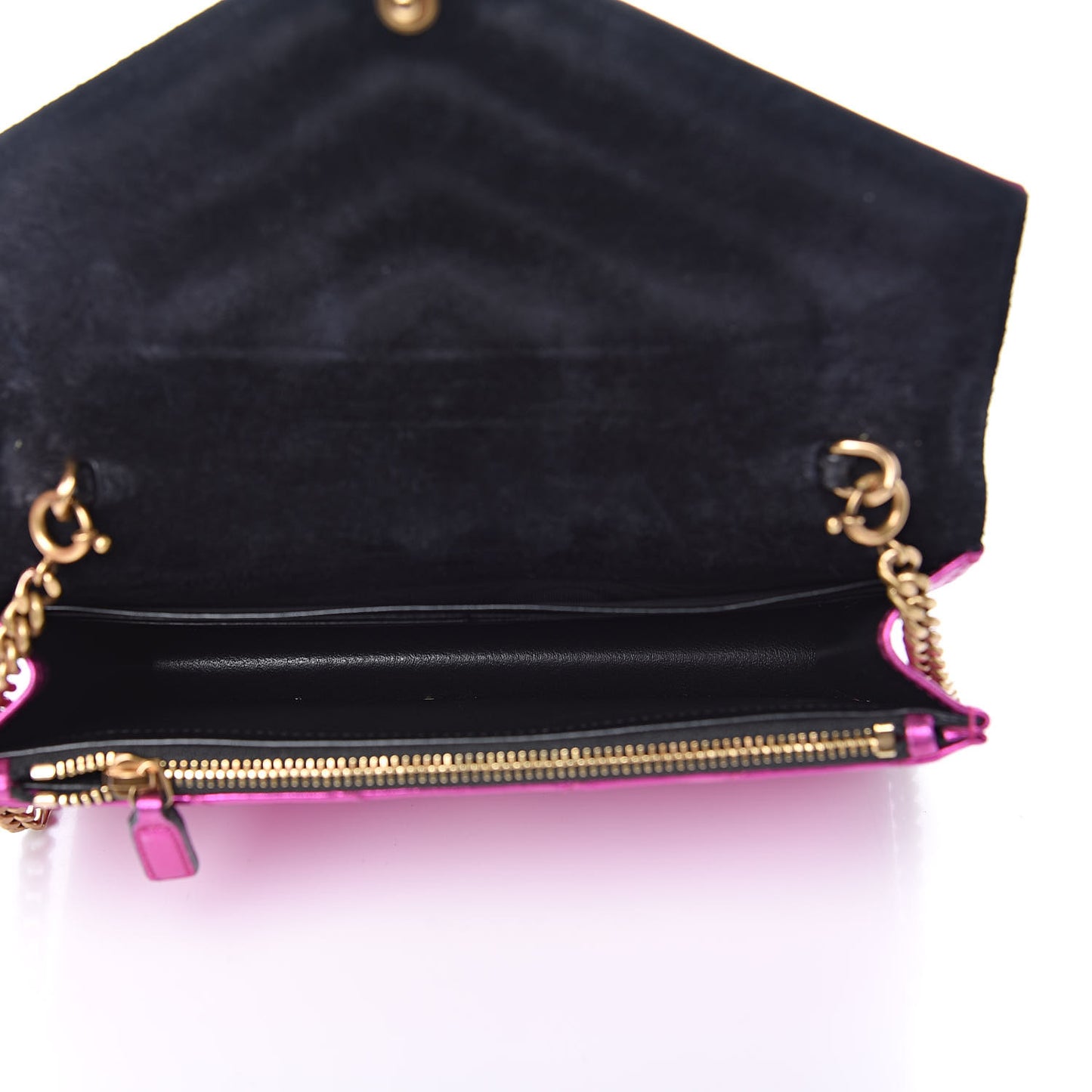 Metallic Calfskin Matelasse Chevron Monogram Envelope Chain Wallet Fuchsia