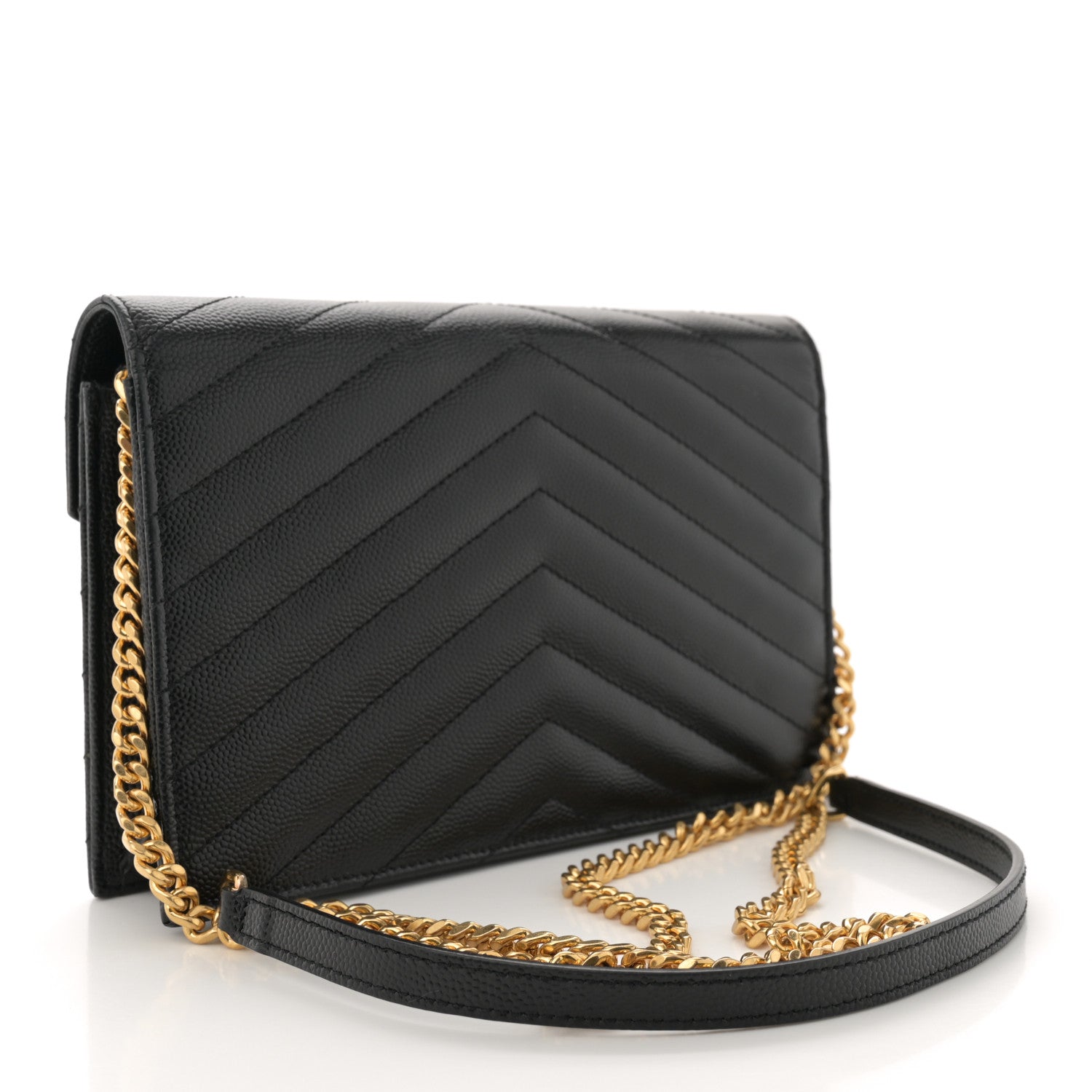 Saint Laurent Grain De Poudre Matelasse Chevron Monogram Envelope Chain Wallet Black 3 of 11