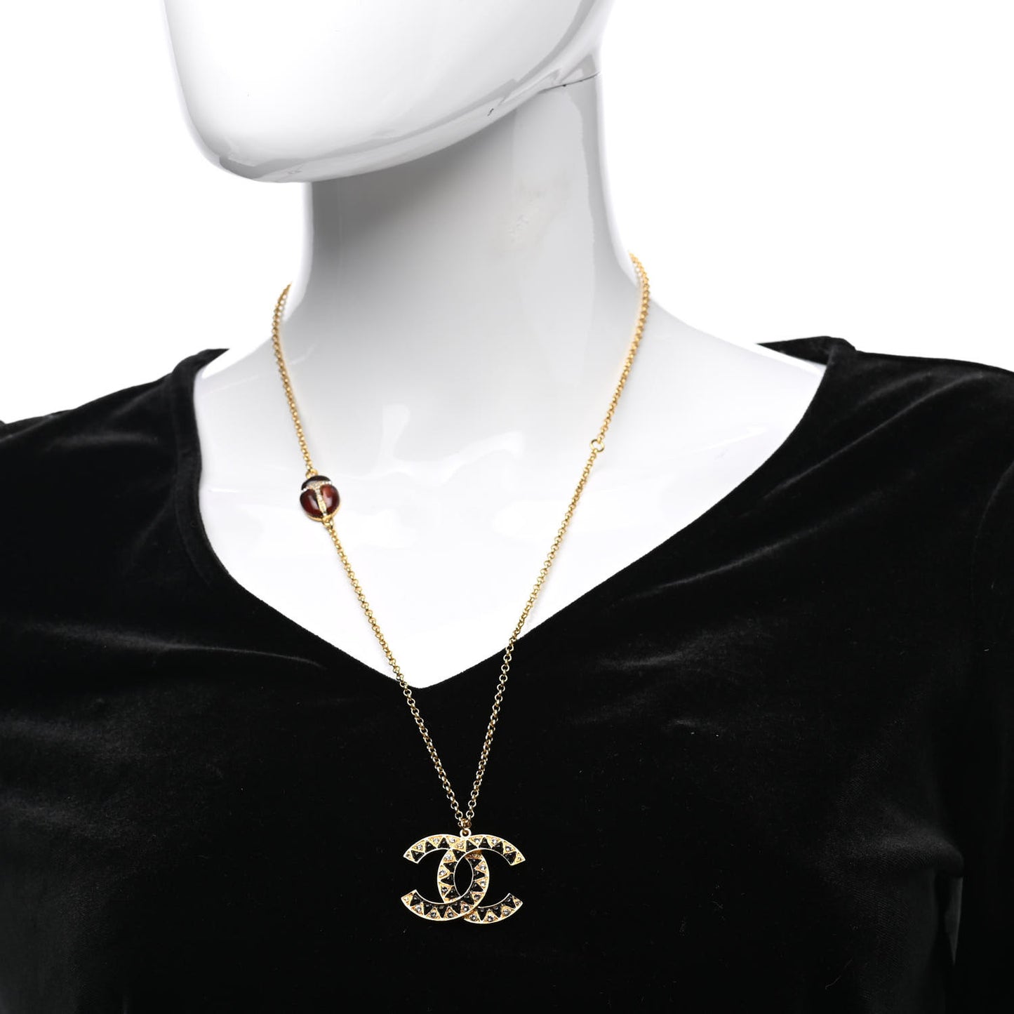 Metal Resin Crystal Scarab CC Pendant Necklace Gold Black