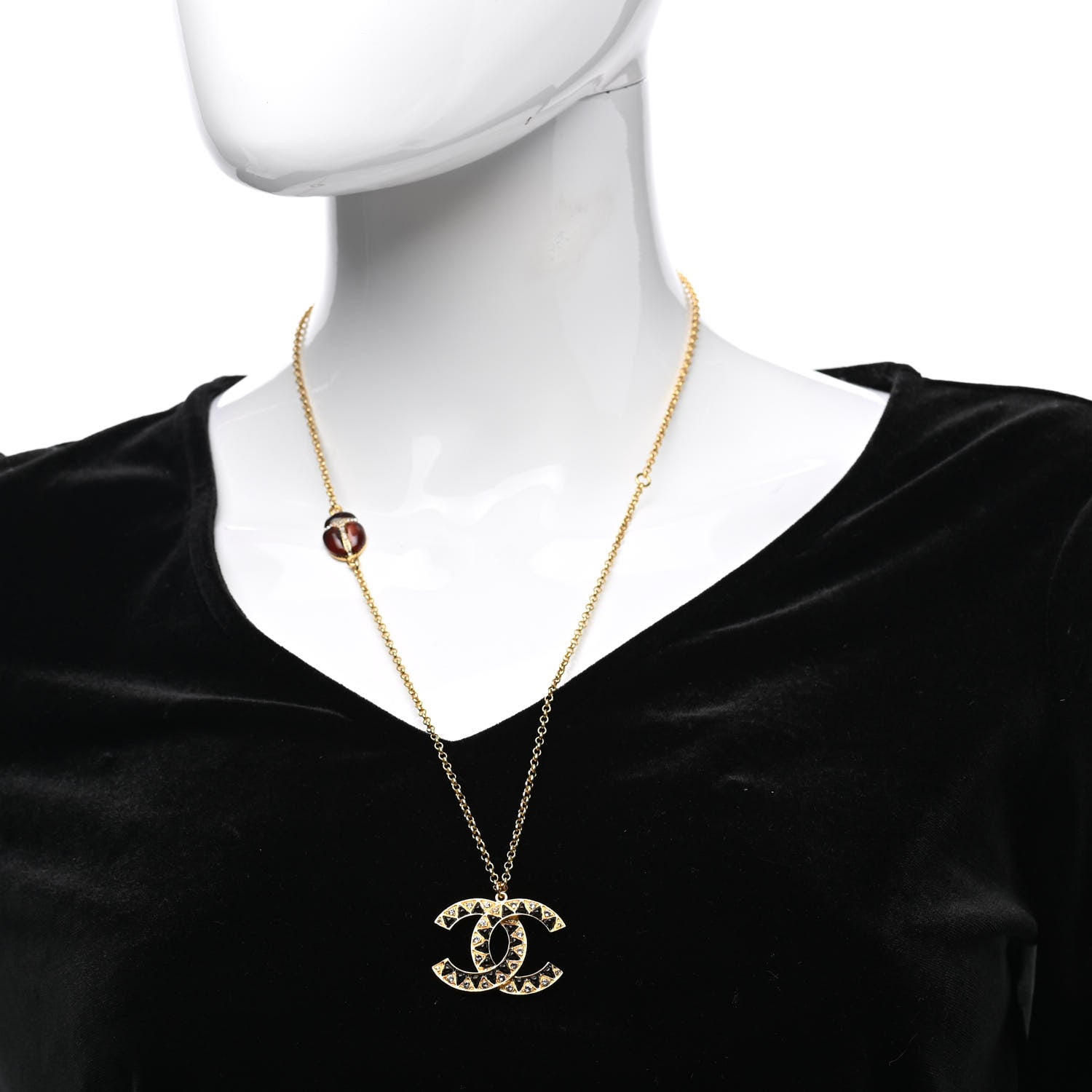 Chanel Metal Resin Crystal Scarab CC Pendant Necklace Gold Black 2 of 7