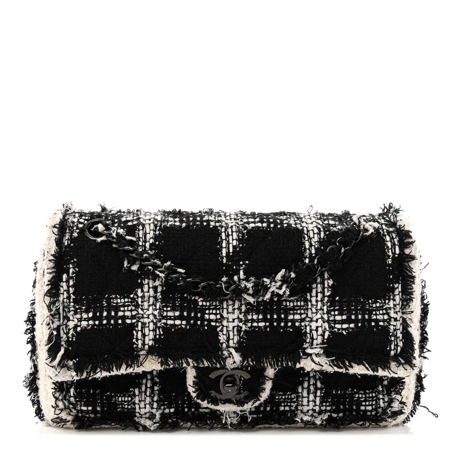 Chanel Tweed Quilted Tartan Medium Double Flap Black White 1 of 15