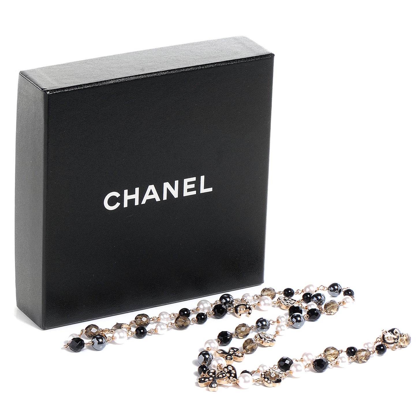 Pearl Crystal CC Beaded Lucky Charms Long Necklace Gold