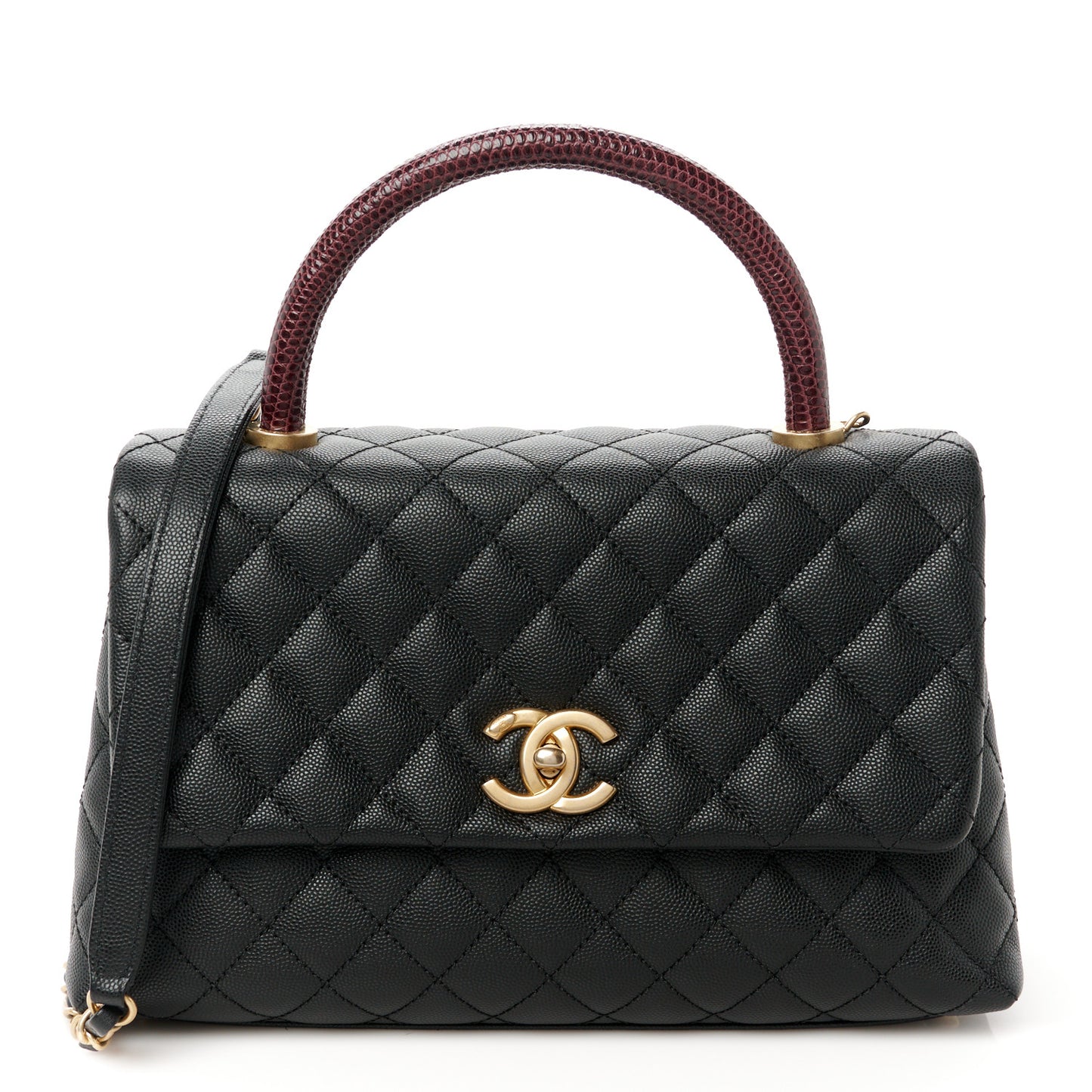 Caviar Lizard Embossed Quilted Small Coco Handle Flap Black