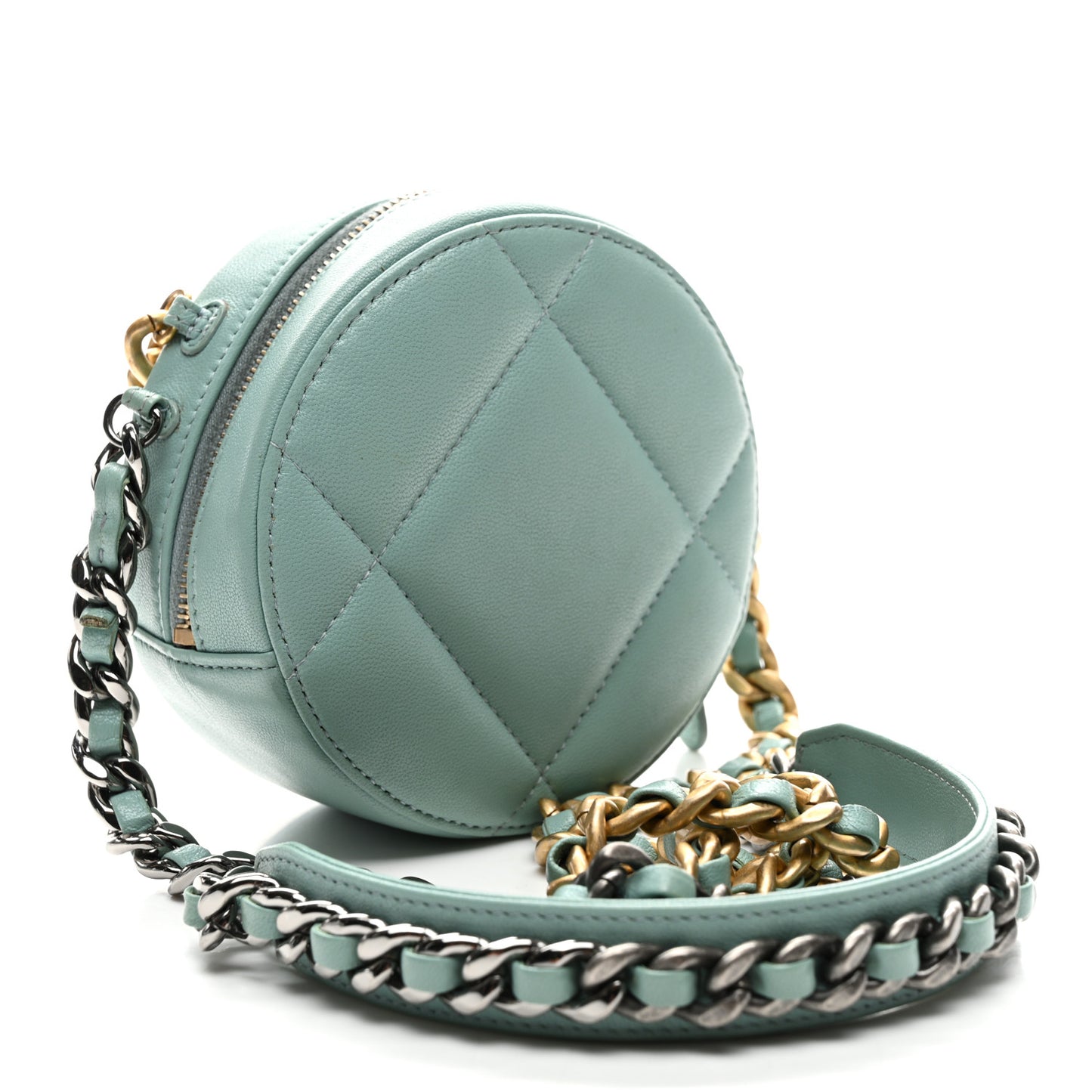 Goatskin Quilted Chanel 19 Round Clutch With Chain Light Blue