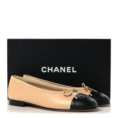 Chanel Lambskin Cap Toe CC Ballerina Flats 37 Beige Black 10 of 10