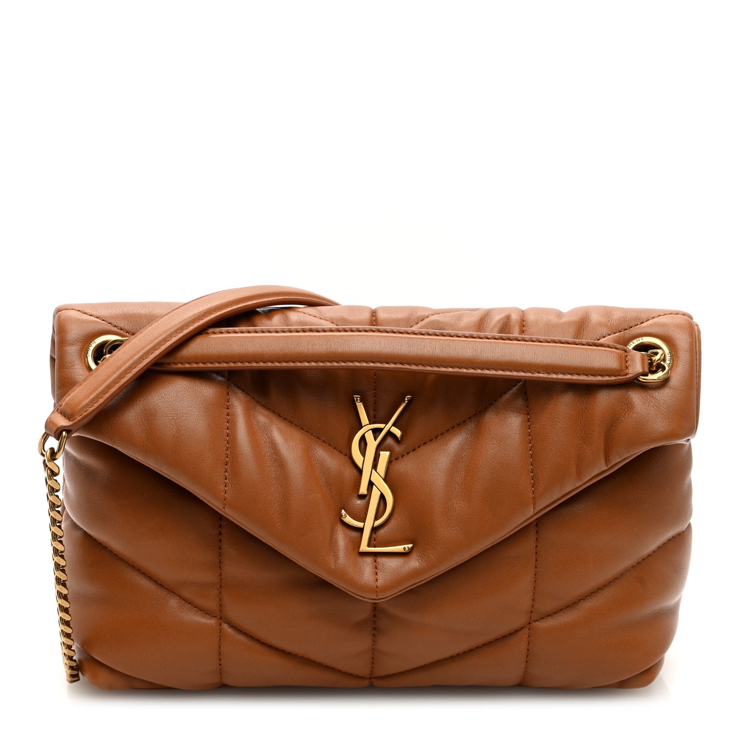 Saint Laurent Lambskin Quilted Small Loulou Puffer Monogram Chain Satchel Dark Honey 1 of 9