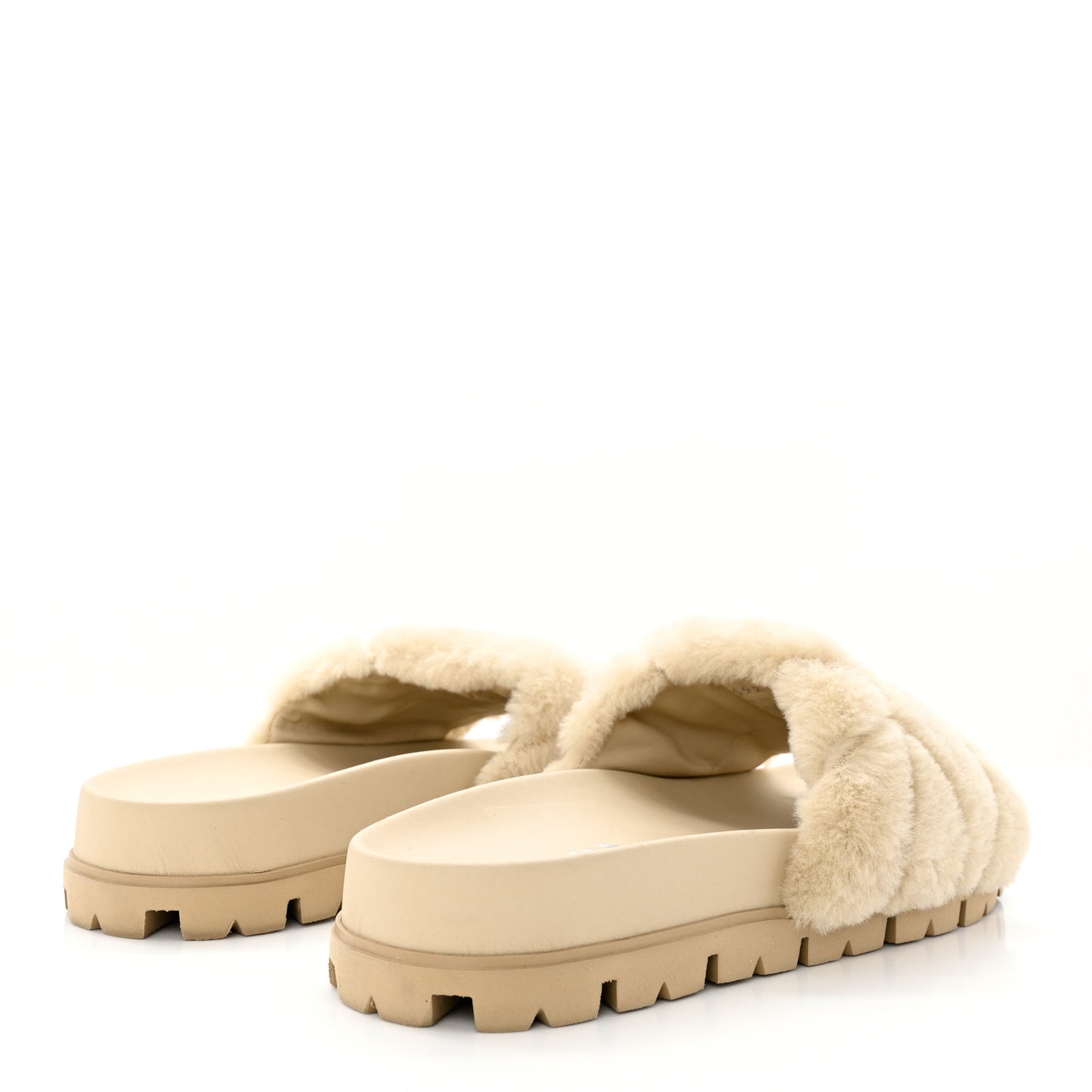 Shearling Metal Triangle Logo Lug Sole 20mm Slide Sandals 39.5 Ecru