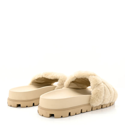 Prada Shearling Metal Triangle Logo Lug Sole 20mm Slide Sandals 39.5 Ecru 4 of 9