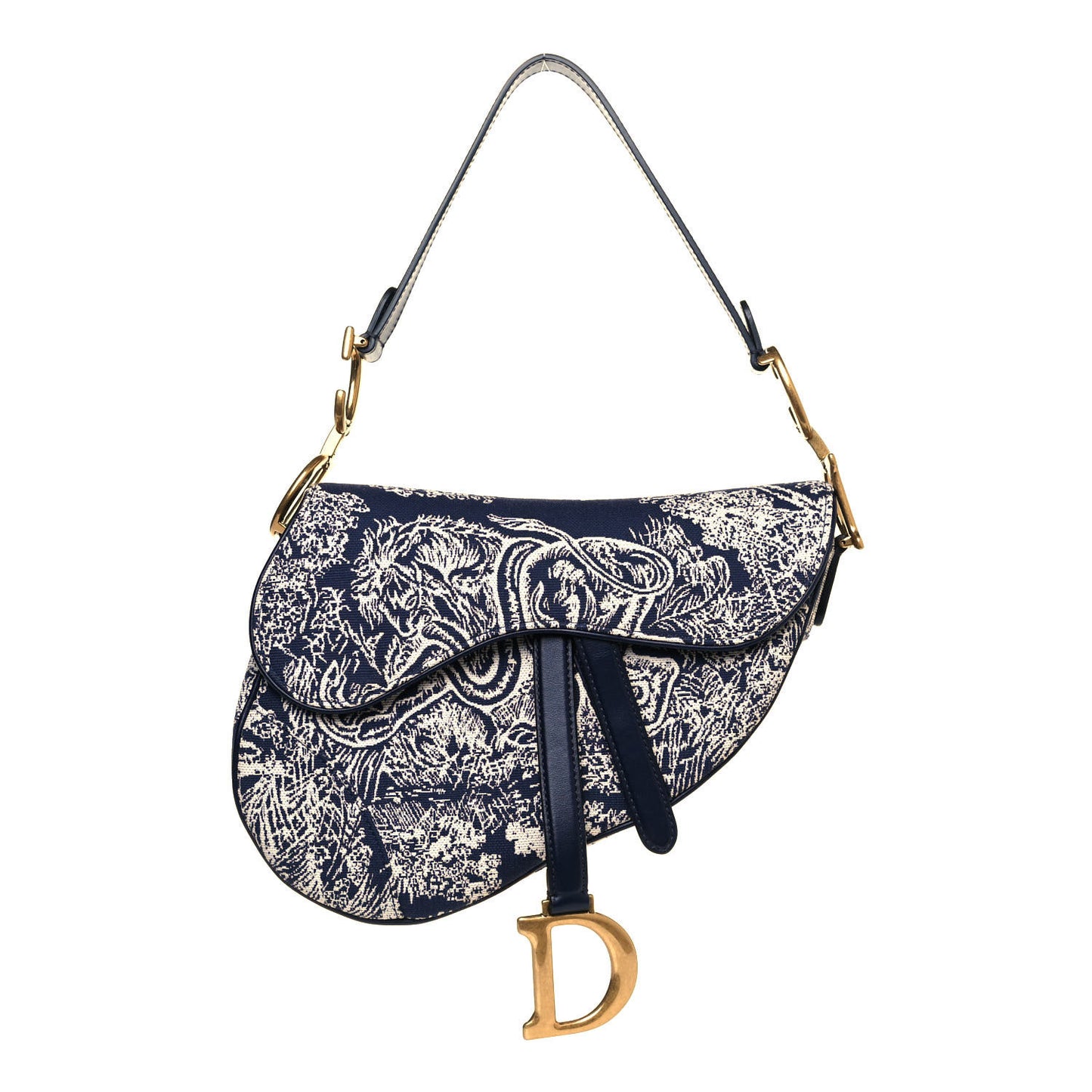 Canvas Reverse Embroidered Toile De Jouy Saddle Bag Blue