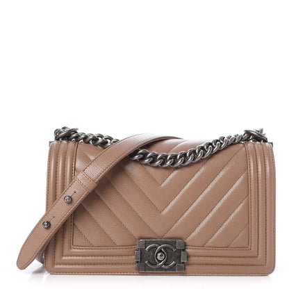 Chanel Caviar Chevron Quilted Medium Boy Flap Dark Beige 2 of 13