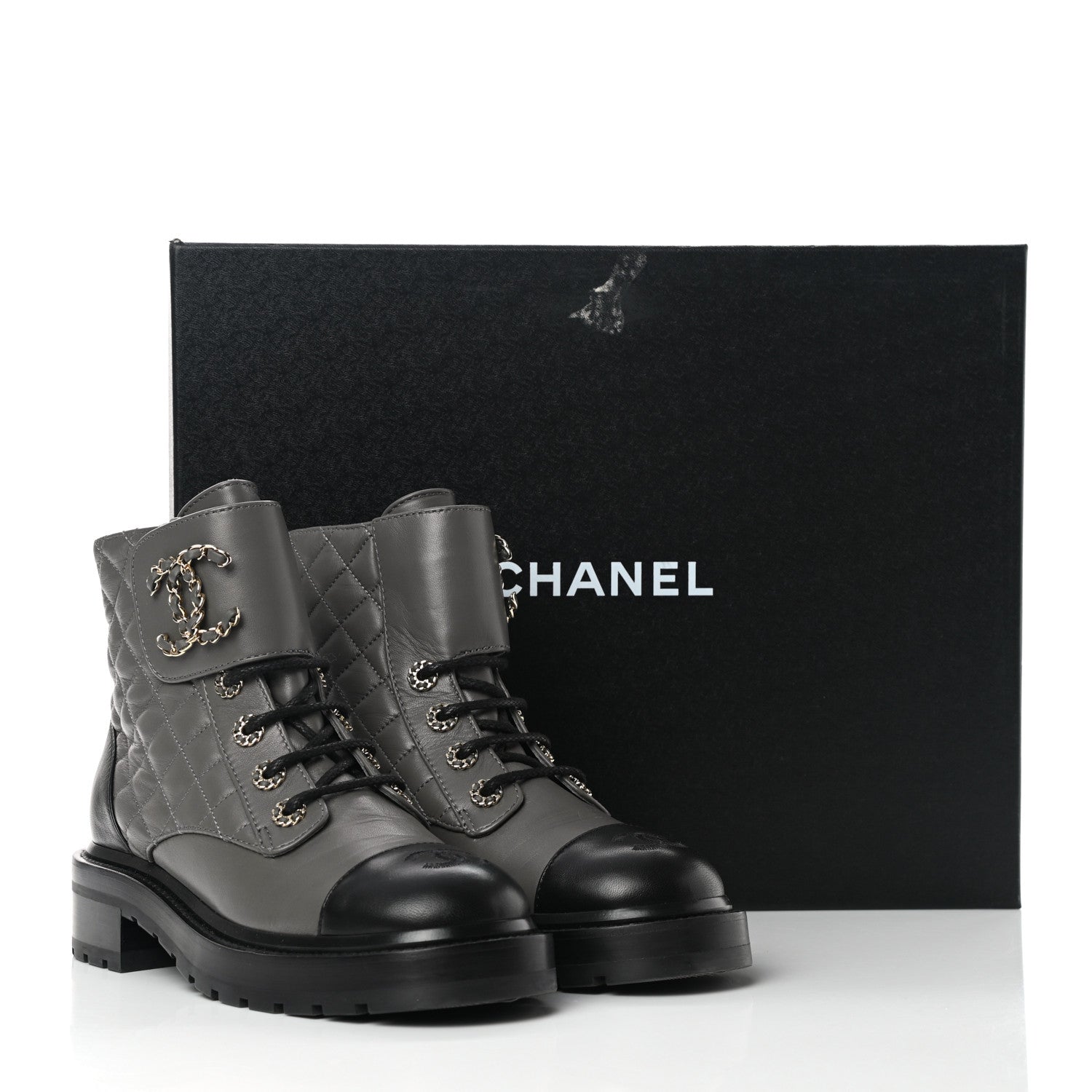 Chanel Shiny Lambskin Quilted Lace Up Combat Boots 37 Grey Black 9 of 9