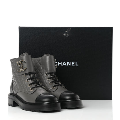 Chanel Shiny Lambskin Quilted Lace Up Combat Boots 37 Grey Black 9 of 9