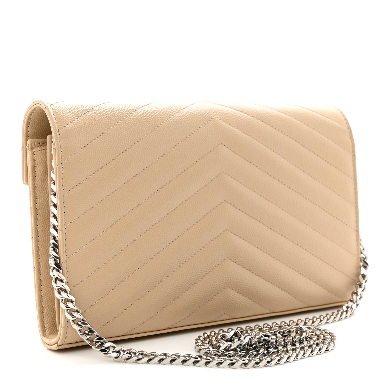 Saint Laurent Grain De Poudre Matelasse Chevron Monogram Chain Wallet Dark Beige 2 of 12