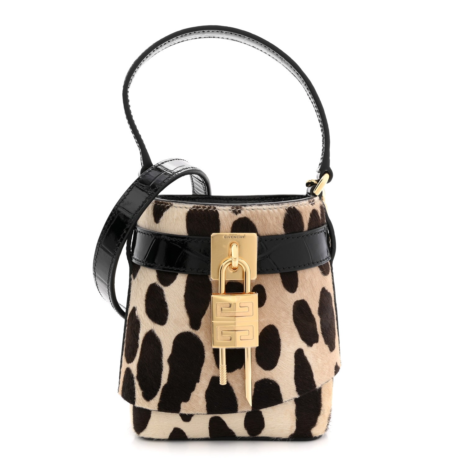 Givenchy Pony Calfskin Micro Leopard Print Shark Lock Bucket Bag Black Beige 1 of 10