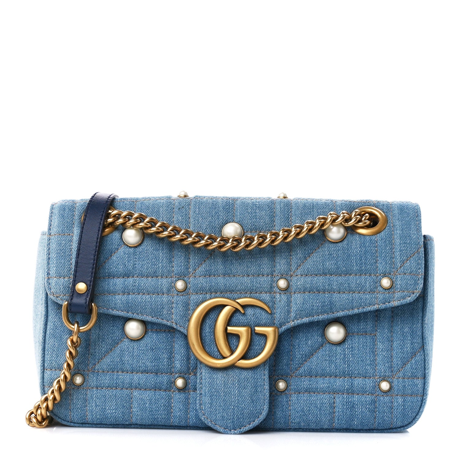 Gucci Denim Matelasse Studded Small Pearly GG Marmont Shoulder Blue 1 of 11