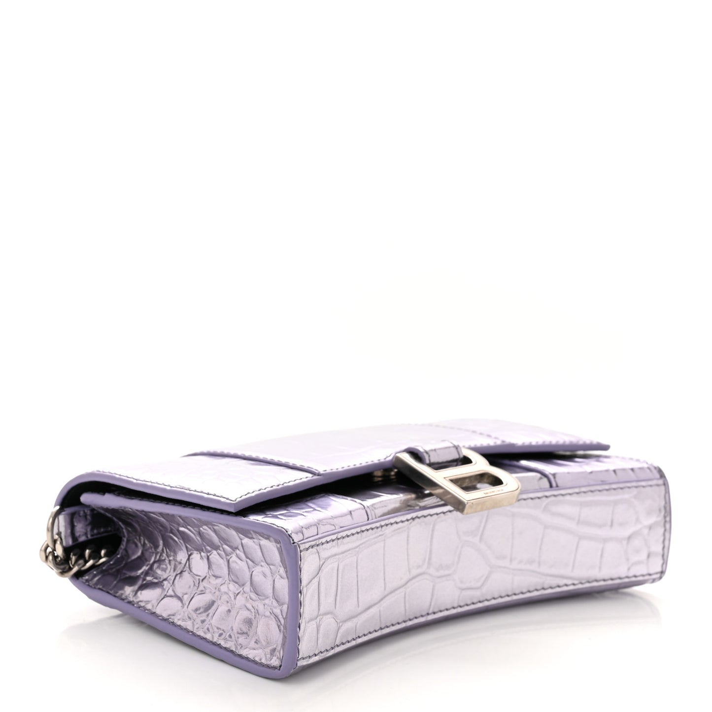 Shiny Metallic Calfskin Crocodile Embossed Hourglass Chain Bag Lilac