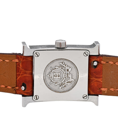 Hermes Stainless Steel Alligator Diamond Bezel Mother of Pearl 17.2mm Heure H Hour Quartz Watch Orange 4 of 5