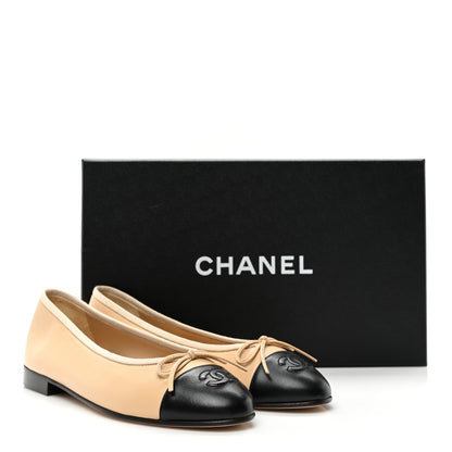 Chanel Lambskin Cap Toe CC Ballerina Flats 36 Beige Black 9 of 9