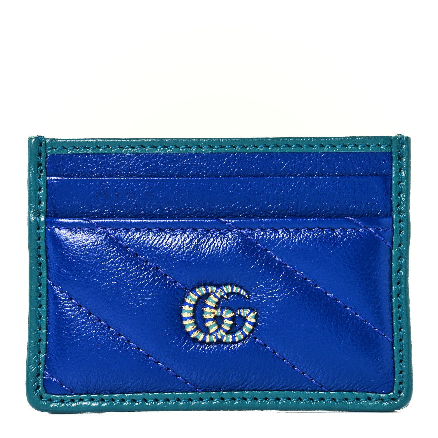 Gucci Azalea Calfskin Matelasse Diagonal Enamel Torchon GG Marmont Card Holder Imperial Blue Pavone 1 of 7