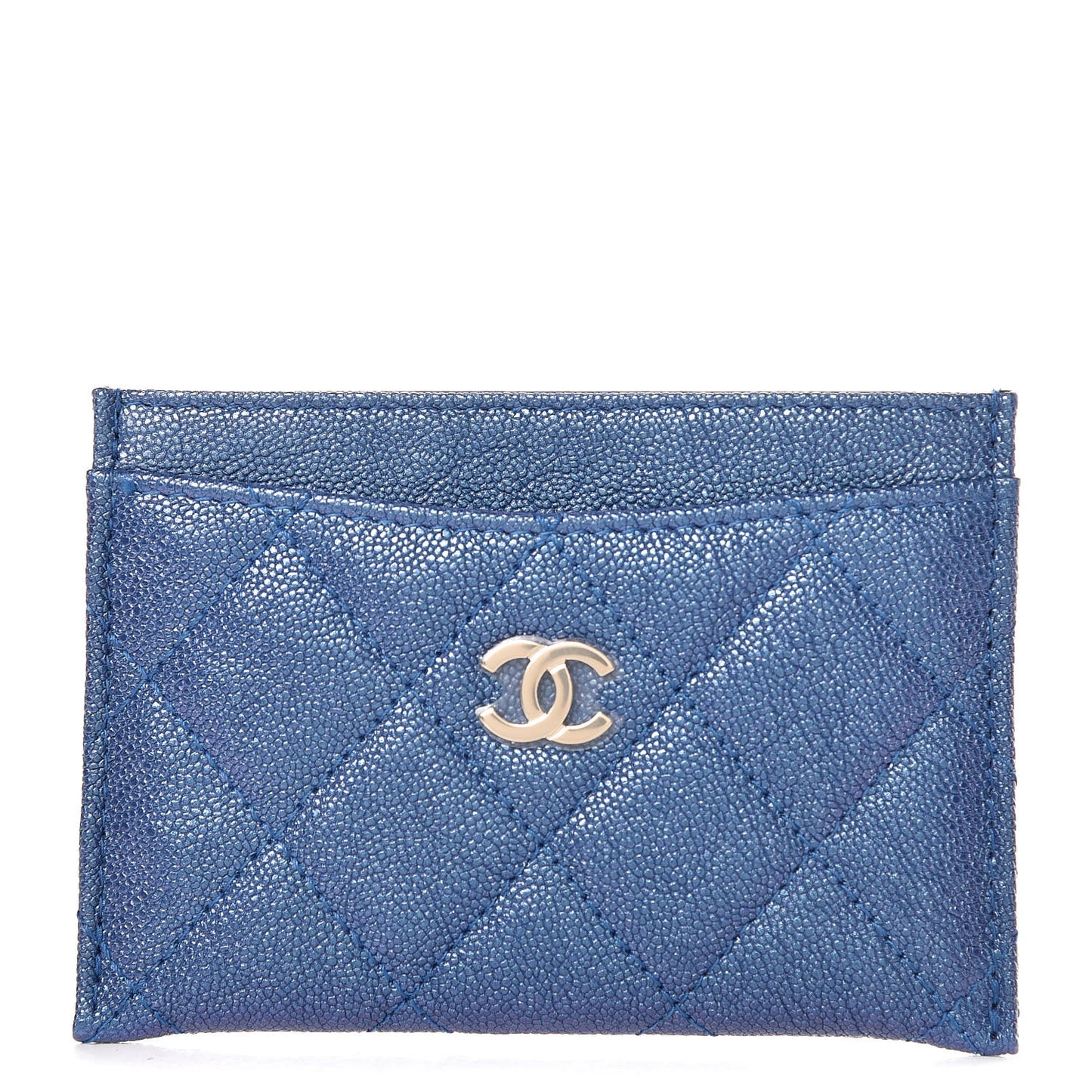 Iridescent Caviar Quilted Card Holder Blue Fonce