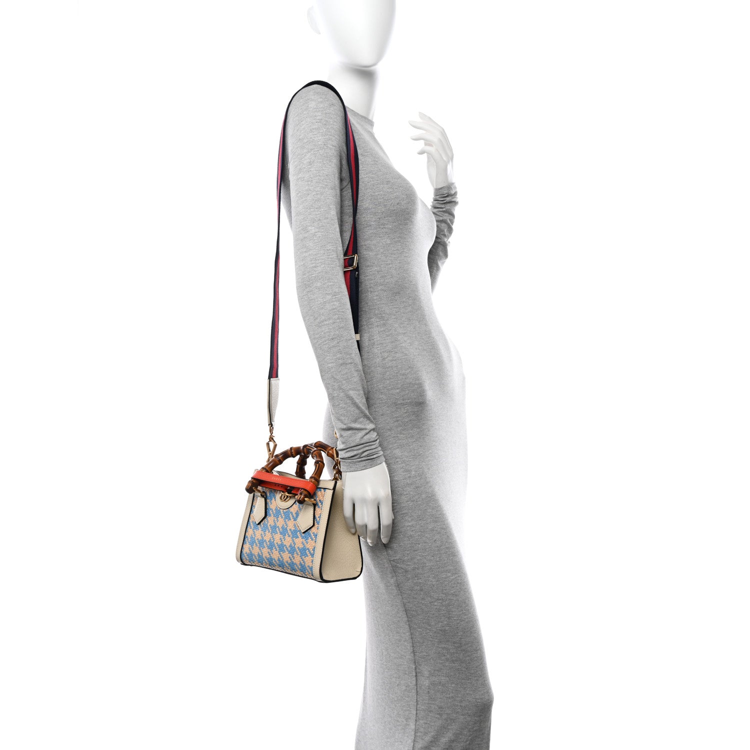 Gucci Raffia Textured Dollar Calfskin Web Houndstooth Mini Diana Tote Bag Light Blue Natural Deep Orange 2 of 11