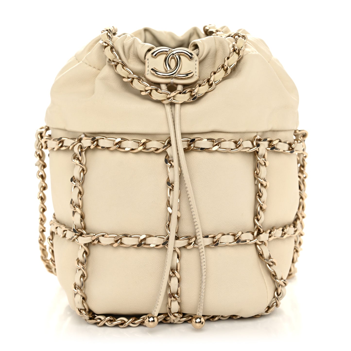 Lambskin Bucket Chain Drawstring Bag Beige