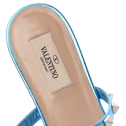 Valentino Garavani Metallic Nappa Rockstud Caged Flat Slide Sandals 38.5 Cerulean 8 of 11