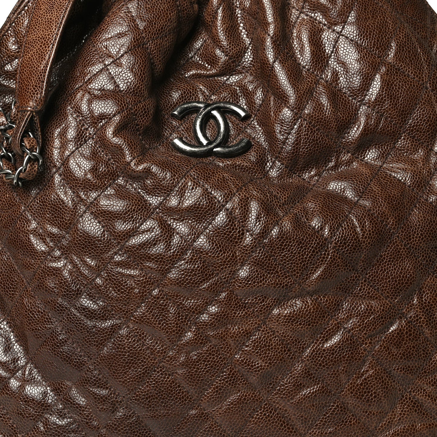 Distressed Glazed Caviar Quilted Large Elastic Tote Brown