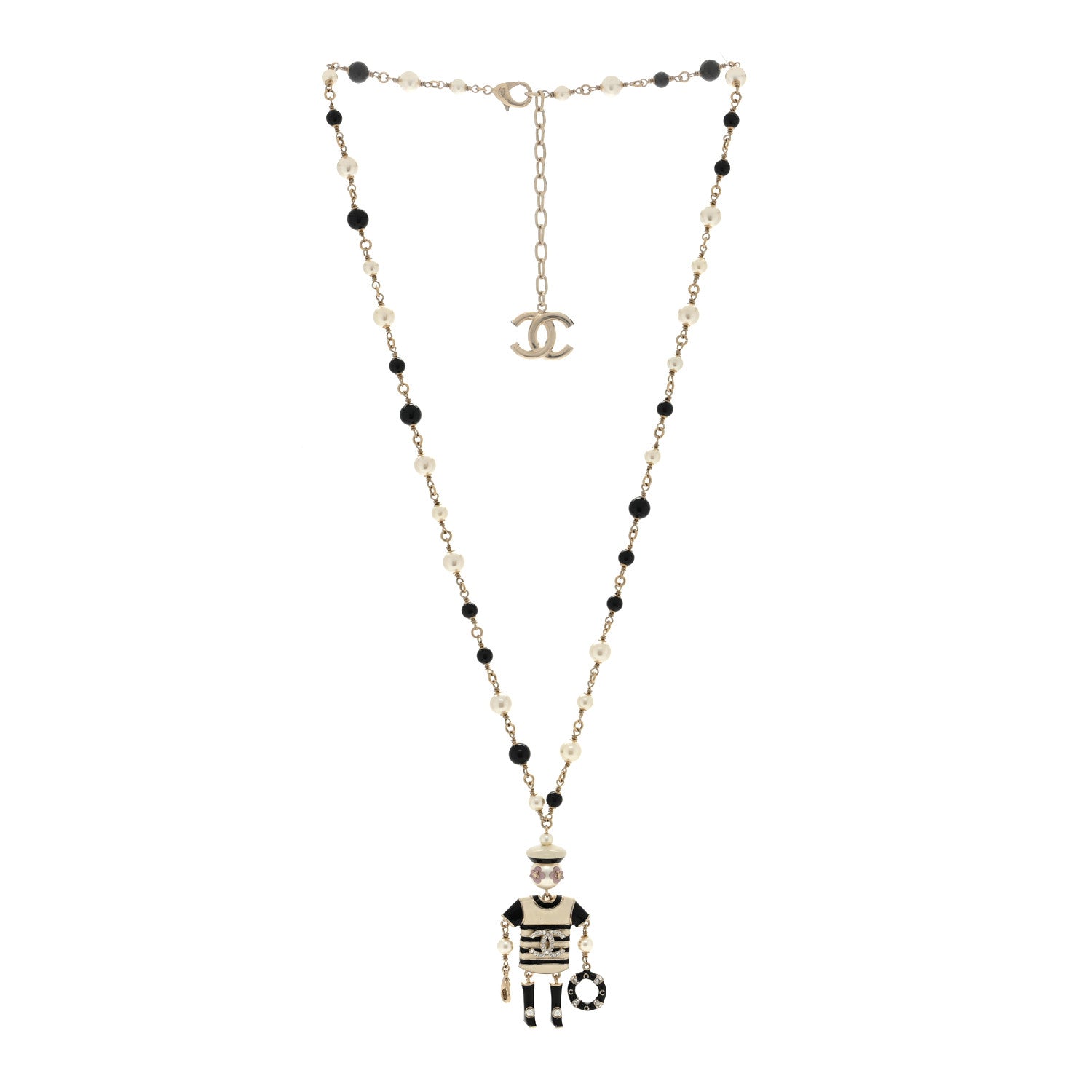 Chanel Enamel Crystal Pearl Hambourg Sailor Doll Long Necklace Black White 3 of 5