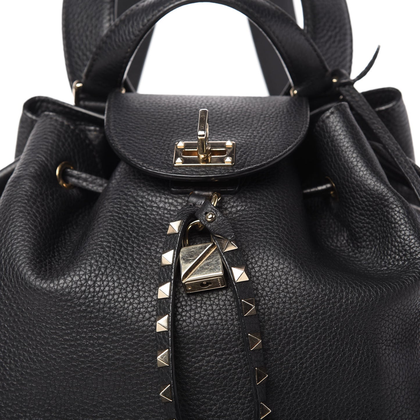 Pebbled Calfskin Rockstud Drawstring Backpack Black