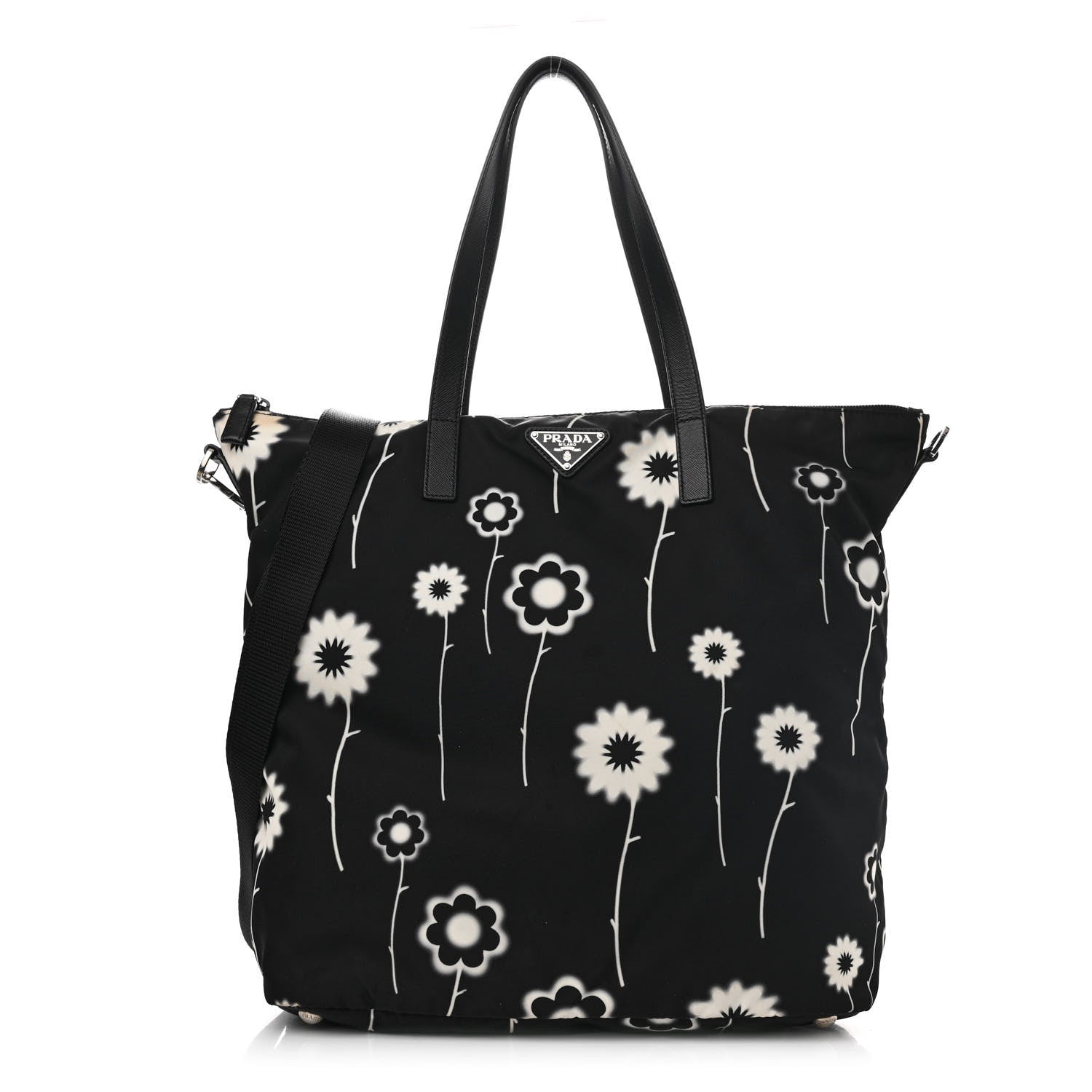 Prada Tessuto Stampato Nylon Saffiano Floral Print Tote Black White 1 of 12