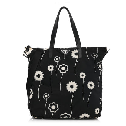 Prada Tessuto Stampato Nylon Saffiano Floral Print Tote Black White 1 of 12
