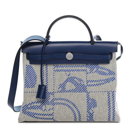 Hermes Vache Hunter Toile H Brides de Gala Herbag Zip Retourne 31 PM Bleu De France Ecru Black 3 of 10