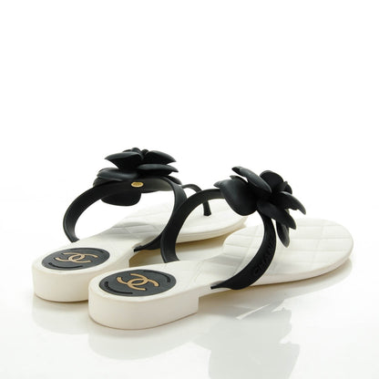 Chanel Jelly Quilted Camellia Thong Sandals 39 Black White 4 of 7