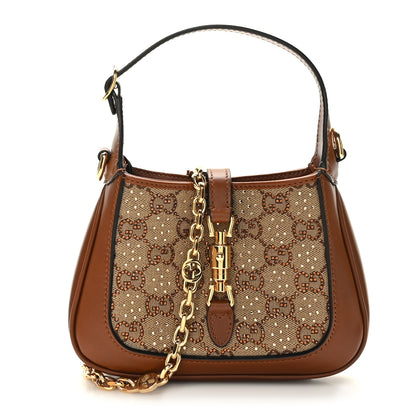 Gucci New Canvas Charisma Calfskin Crystal GG Monogram Mini Jackie 1961 Hobo Camel Ebony 1 of 9