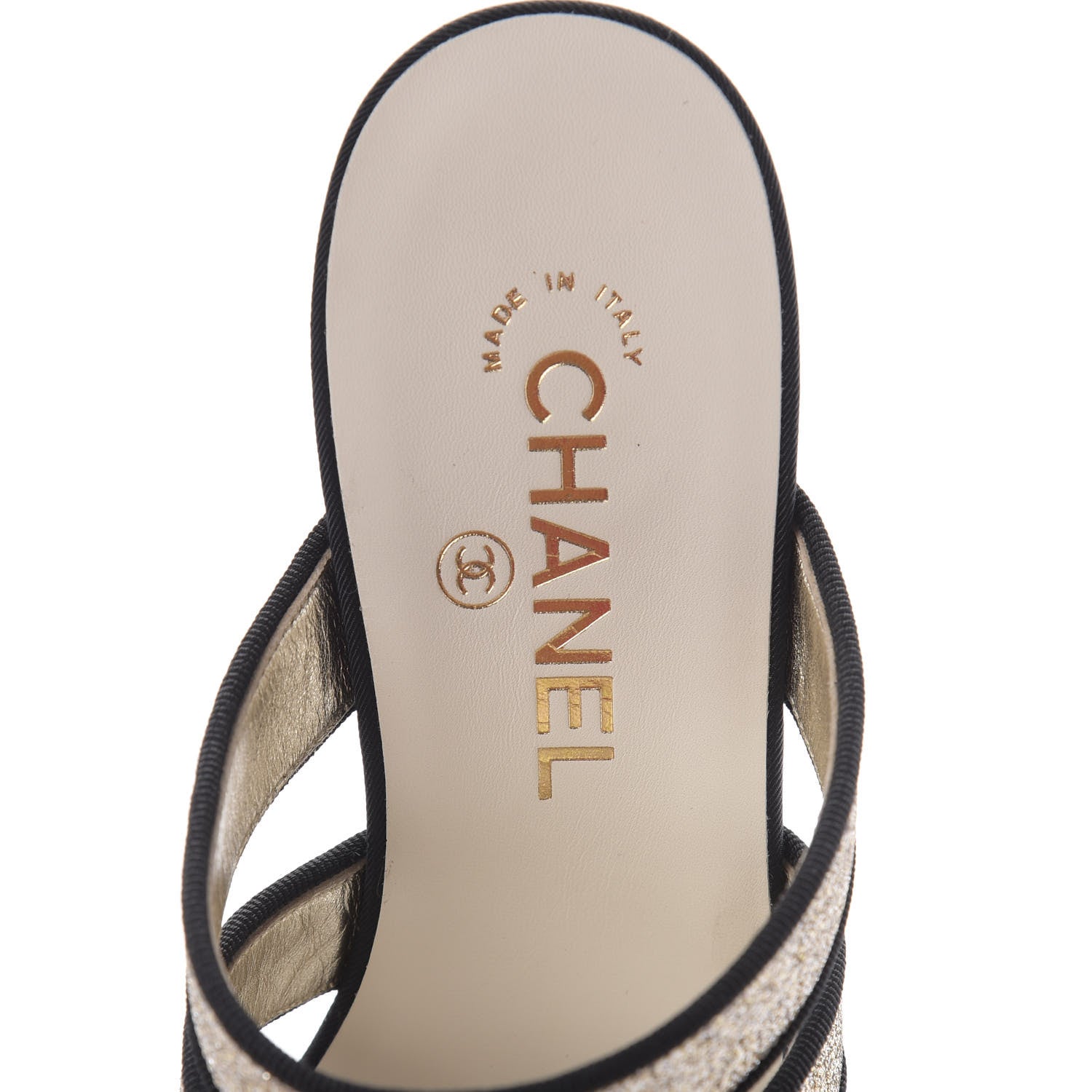 Chanel Sequin Grosgrain Logo Mules 37 Black Gold 9 of 10