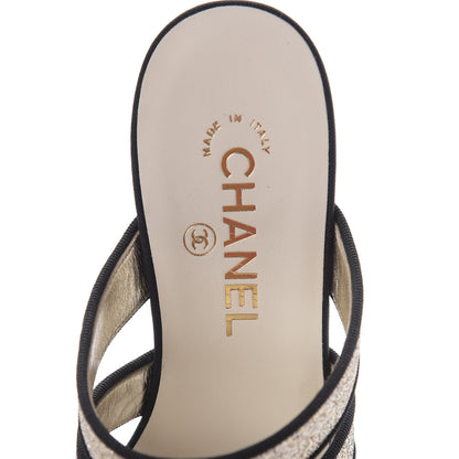 Chanel Sequin Grosgrain Logo Mules 37 Black Gold 9 of 10