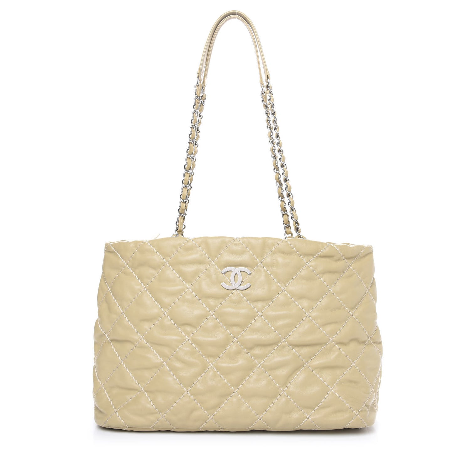 Calfskin Contrast Stitch Tote Beige