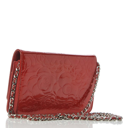 Chanel Patent Camellia Embossed Wallet On Chain WOC Dark Red 3 of 11