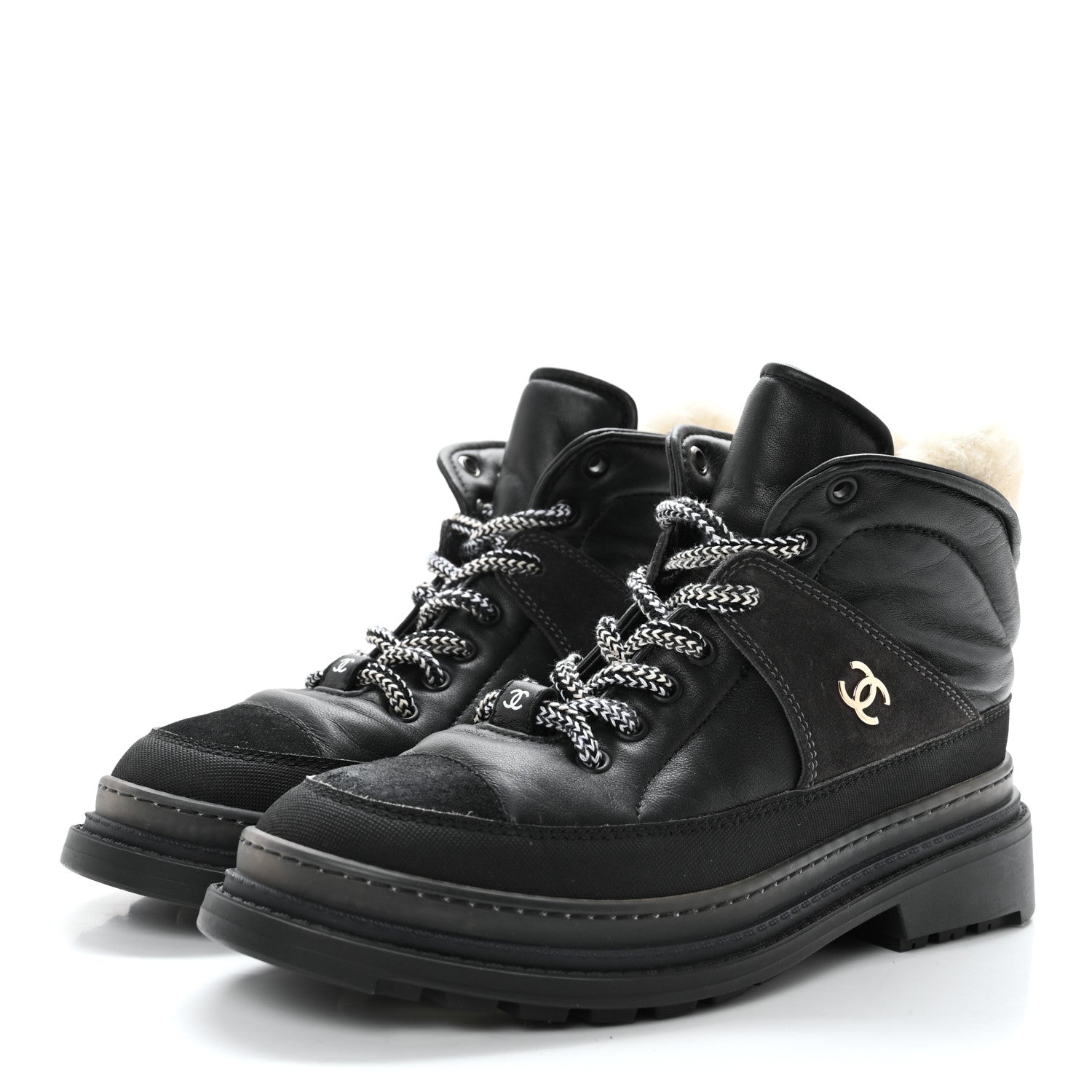 Chanel Lambskin Shearling Suede CC High Lace Up Boots 38 Black 9 of 27