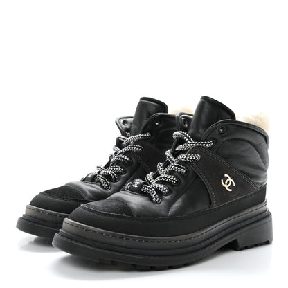 Chanel Lambskin Shearling Suede CC High Lace Up Boots 38 Black 9 of 27