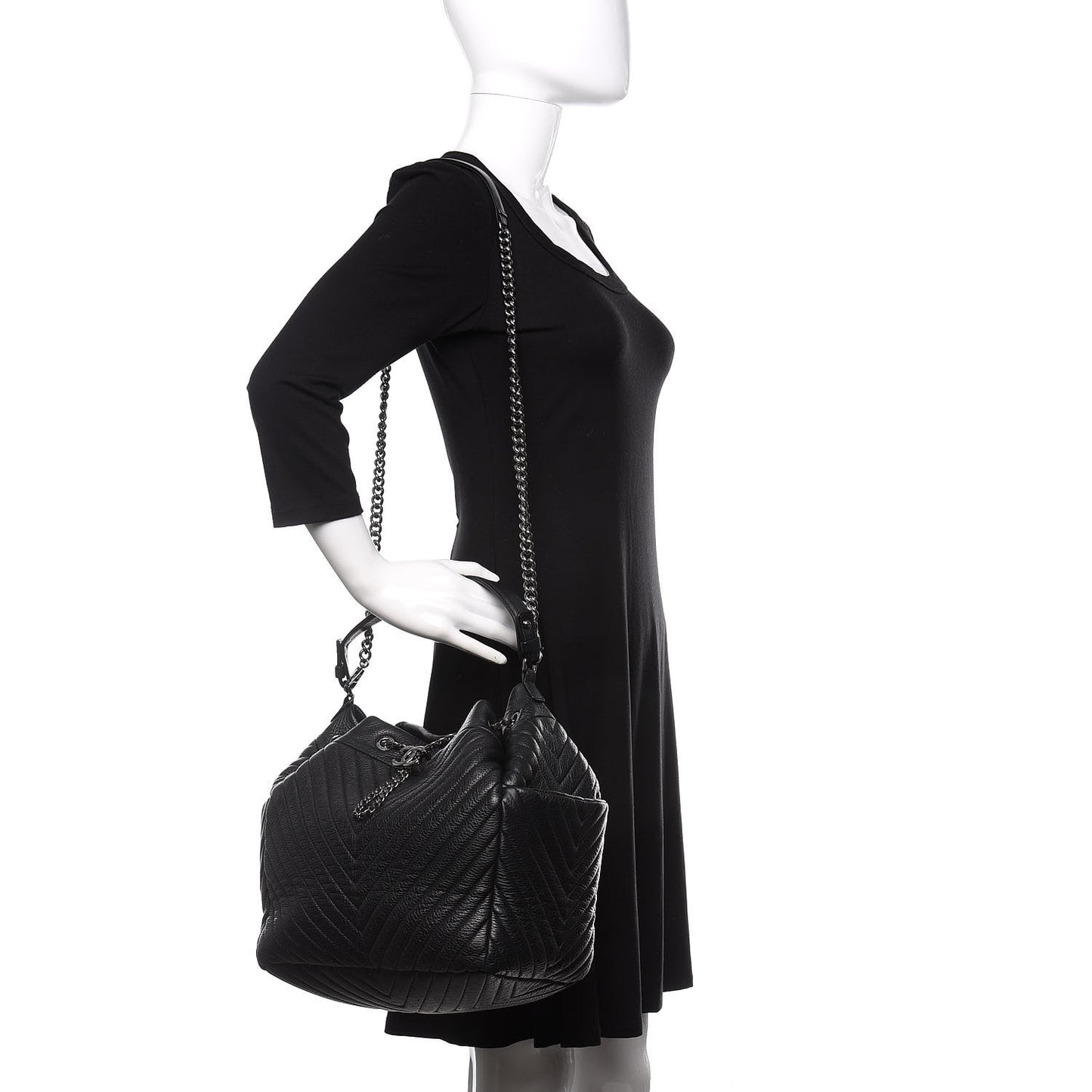 Deerskin Chevron Large CC Chain Bucket Drawstring Bag Black