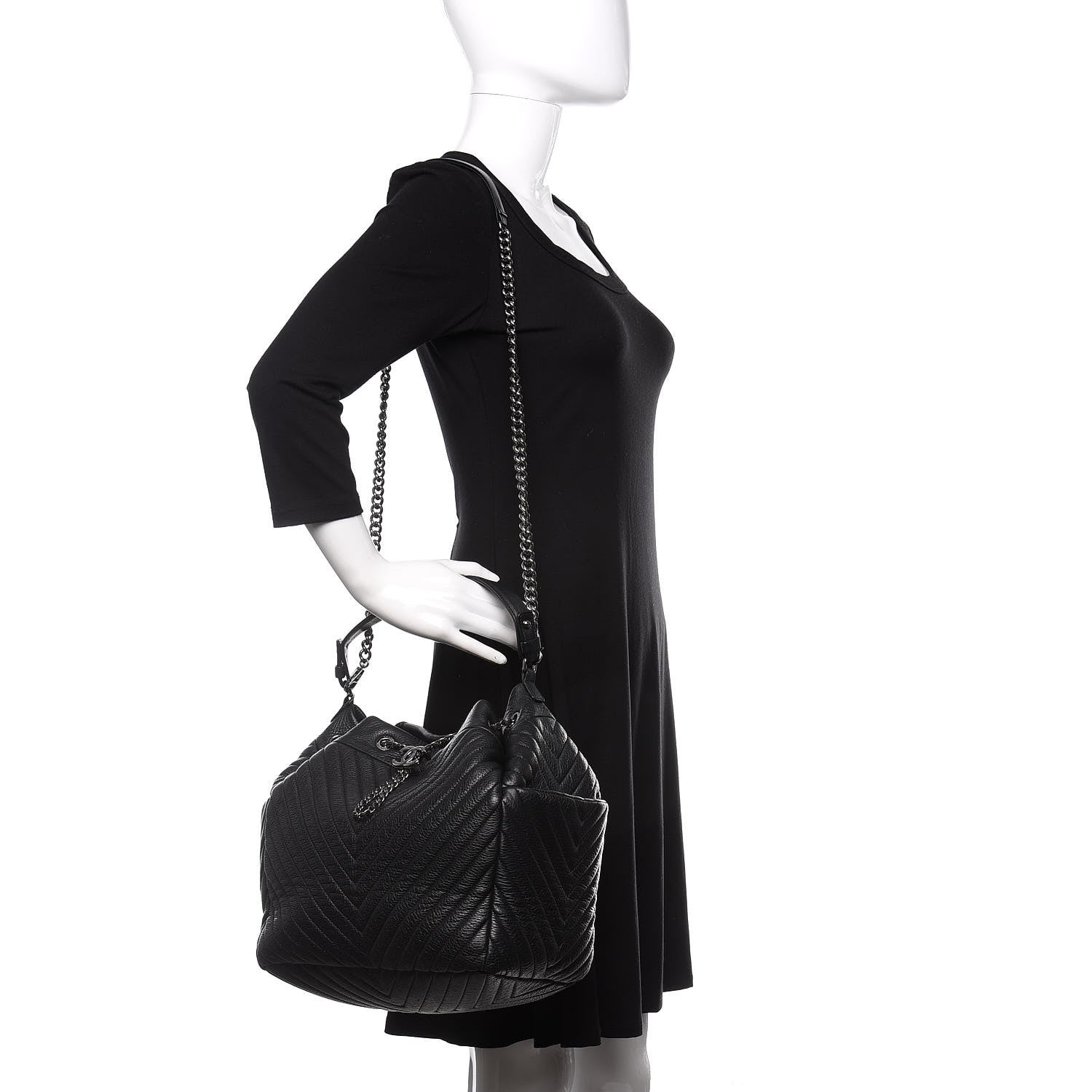 Chanel Deerskin Chevron Large CC Chain Bucket Drawstring Bag Black 2 of 11