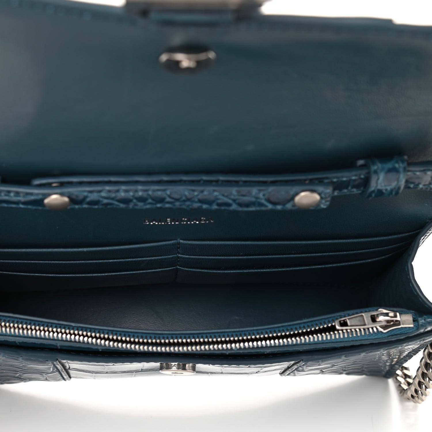 Balenciaga Shiny Calfskin Crocodile Embossed Hourglass Chain Bag Dark Petrol Blue 5 of 9