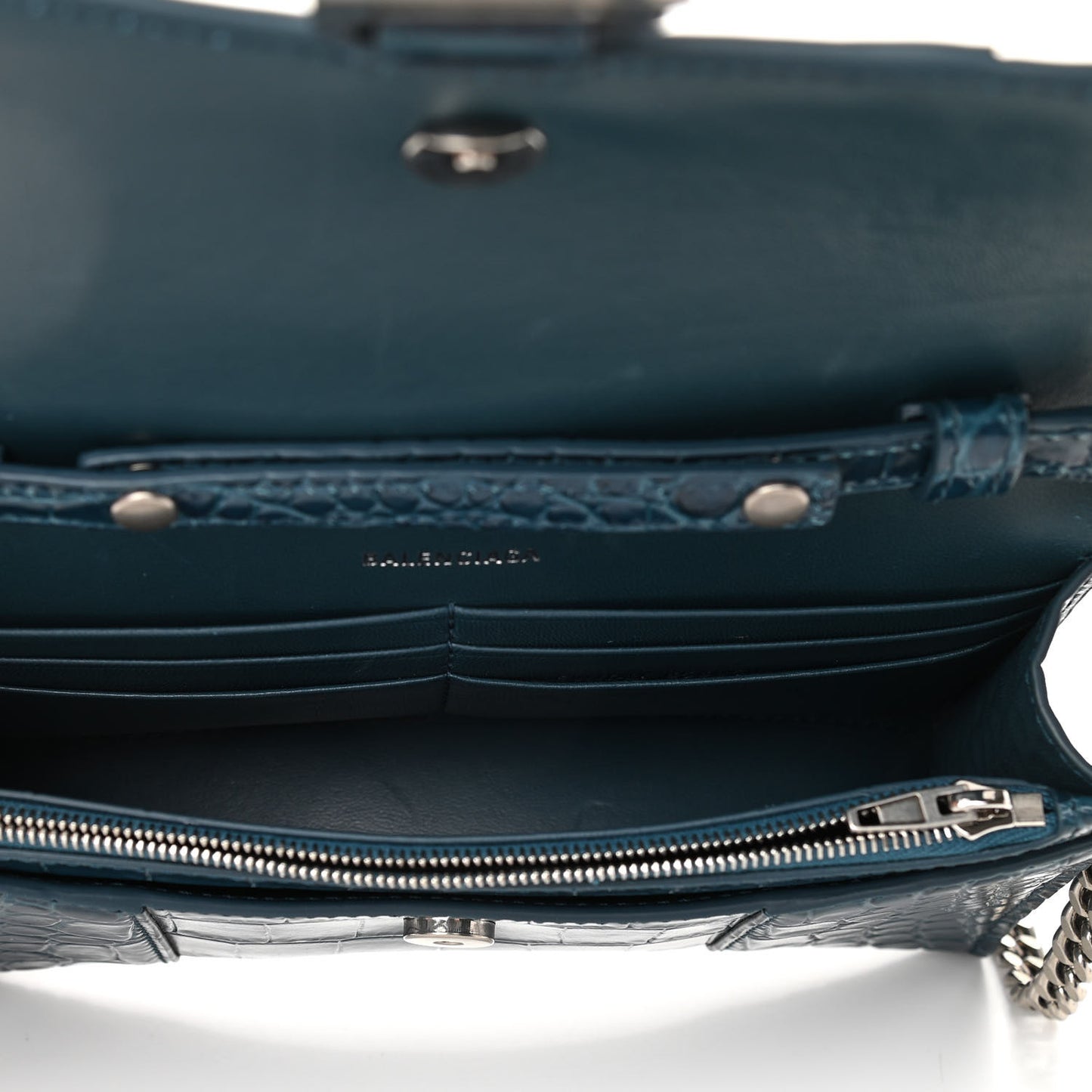 Shiny Calfskin Crocodile Embossed Hourglass Chain Bag Dark Petrol Blue