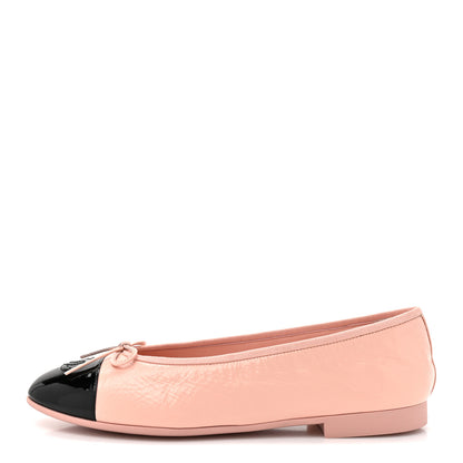 Chanel Shiny Crumpled Calfskin Patent CC Cap Toe Ballerina Flats 41 Light Pink Black 1 of 10