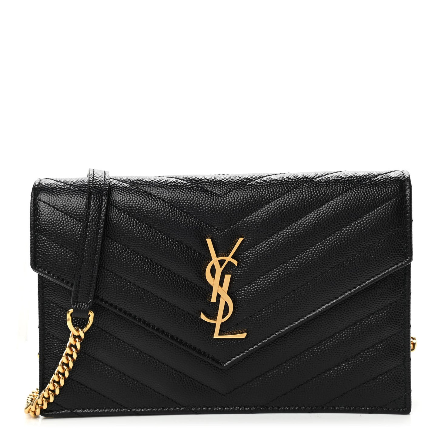 Grain De Poudre Matelasse Chevron Monogram Envelope Chain Wallet Black
