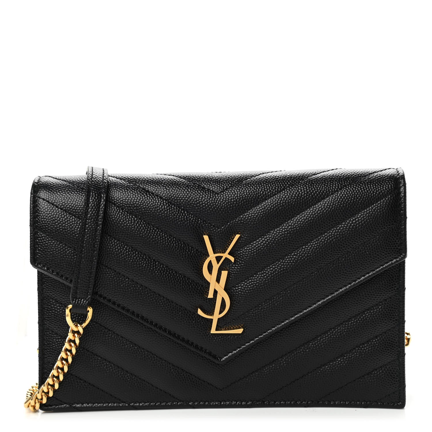 Saint Laurent Grain De Poudre Matelasse Chevron Monogram Envelope Chain Wallet Black 1 of 10