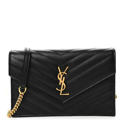 Saint Laurent Grain De Poudre Matelasse Chevron Monogram Envelope Chain Wallet Black 1 of 10